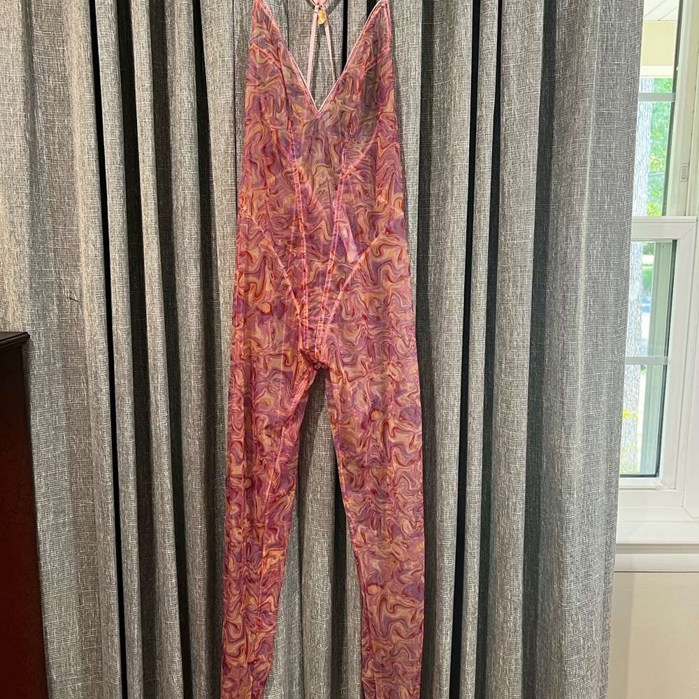 Savage X Fenty Sheer Marble Print Catsuit Bodysuit Pink Medium - Picture 4 of 8